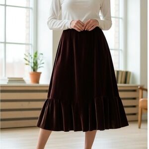 Lauren Ralph Lauren Brown Silk Blend Velvet Ruffle Midi Skirt 14/L Dark Academia